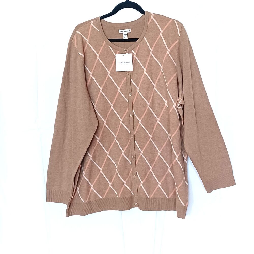 Croft + Barrow Women’s Plus 3X Tan Argyle Pattern Button-Up Cardigan Sweater